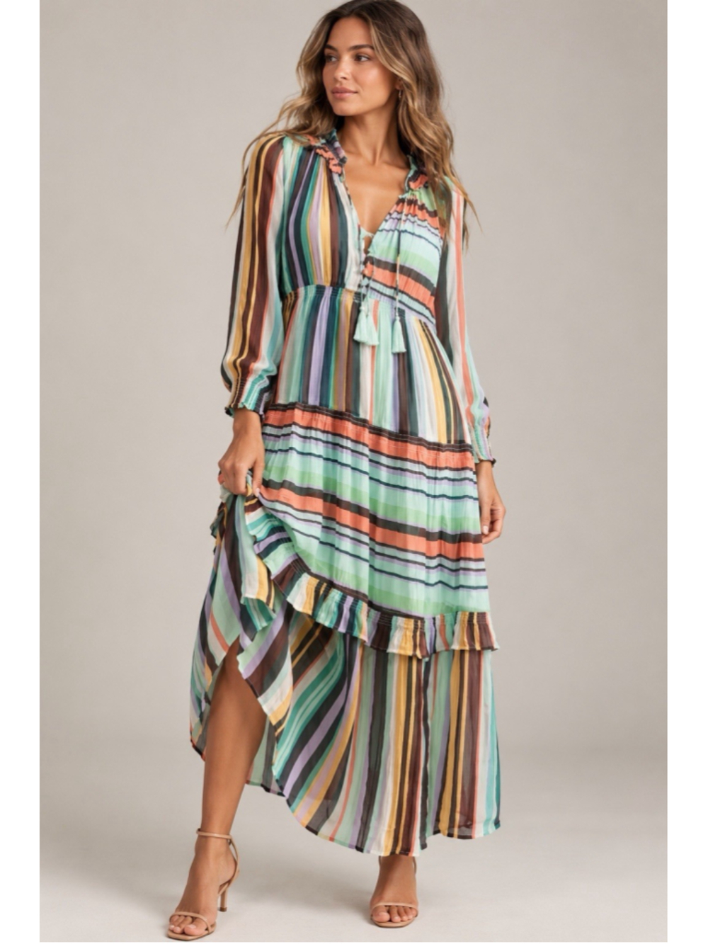 Anthropologie Marais Printed Chiffon Maxi Dress Multicolor Striped Size Small